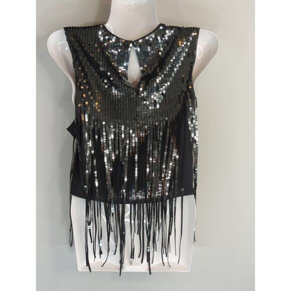 H&M Green Black Cascading Sequin Tassel Fringe Top Womens S Party Glam‎ Cropped - Picture 9 of 12